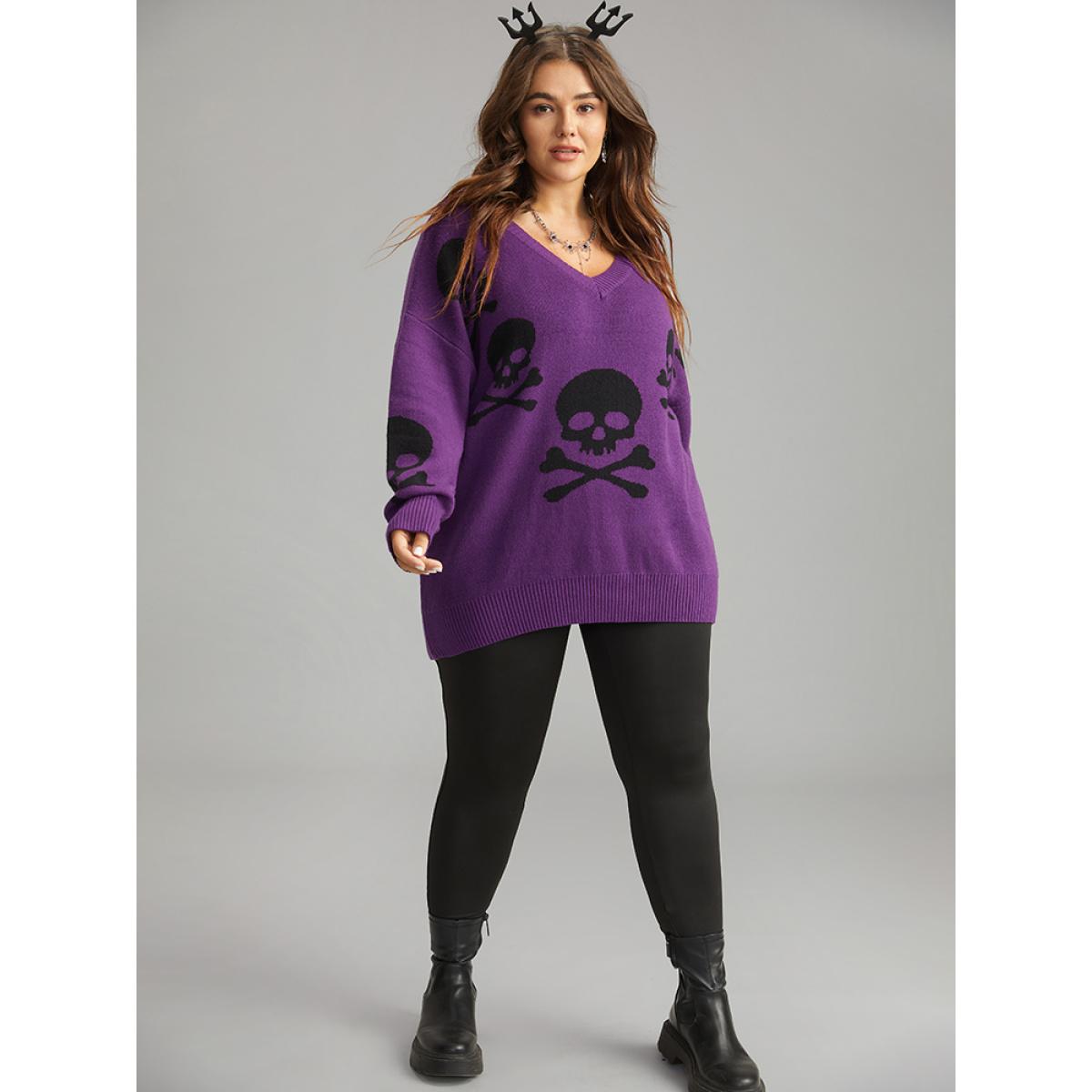 Plus Size Supersoft Essentials Halloween Skull Print V Neck Pullover Purple Women Casual Long Sleeve V-neck Festival-Halloween Pullovers BloomChic 18-20/2X Product Image