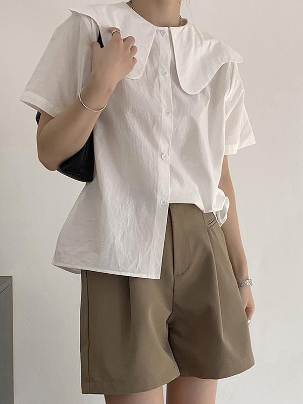 Loose Short Sleeves Solid Color Split-Joint Peter Pan Collar Blouses&Shirts Tops Product Image
