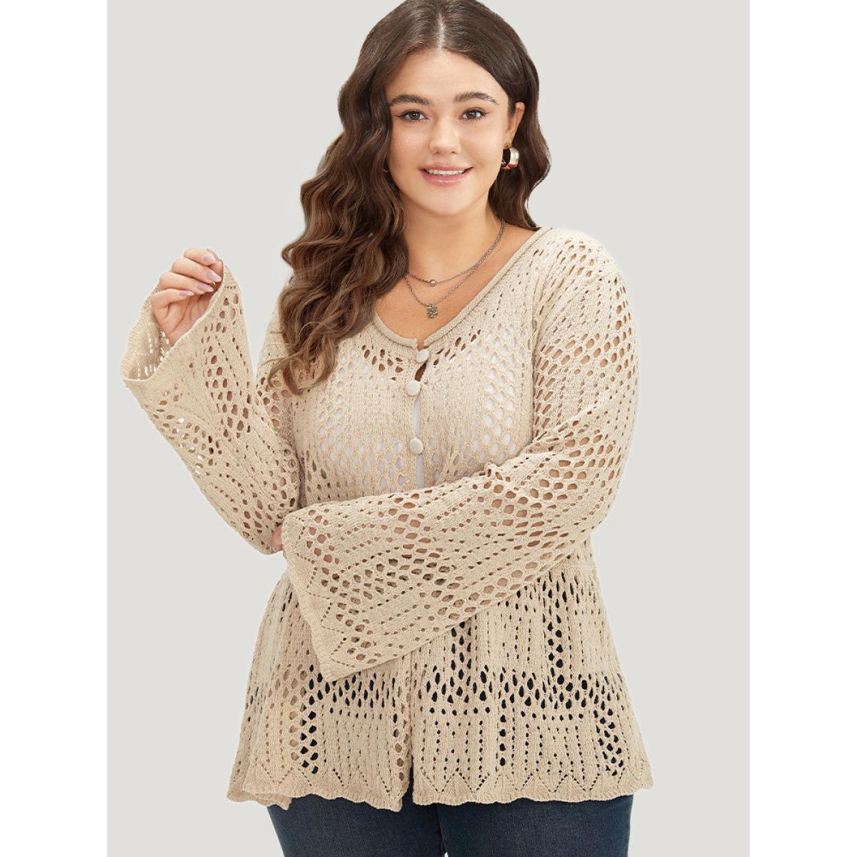Plus Size Plain Hollow Out Button Through Bell Sleeve Cardigan Beige Women Casual Loose Long Sleeve Everyday Cardigans BloomChic 12/L Product Image