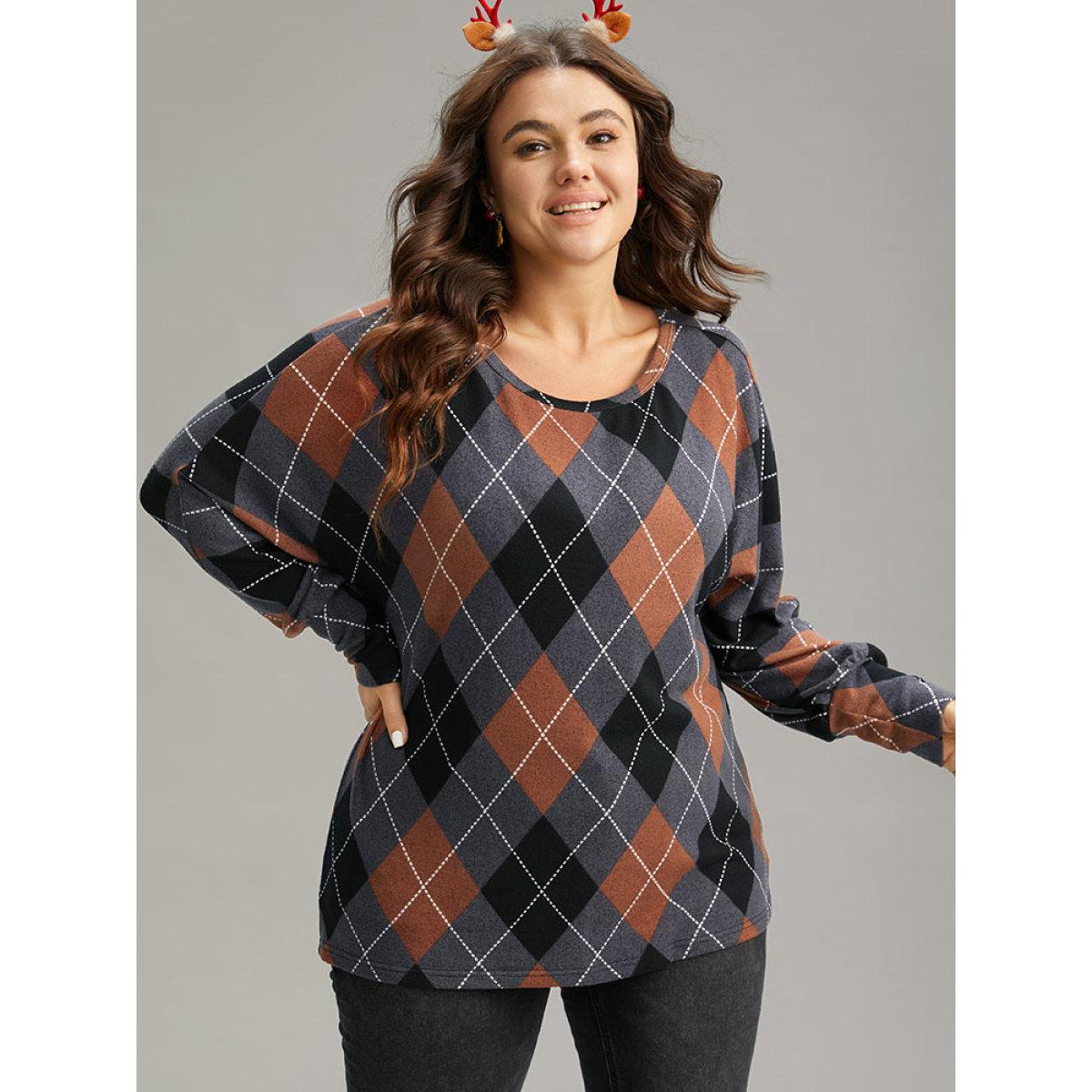 Plus Size Plaid Contrast Round Neck Dolman Sleeve T-shirt Multicolor Women Casual Contrast Plaid Round Neck Festival-Christmas T-shirts BloomChic 18-20/2X Product Image