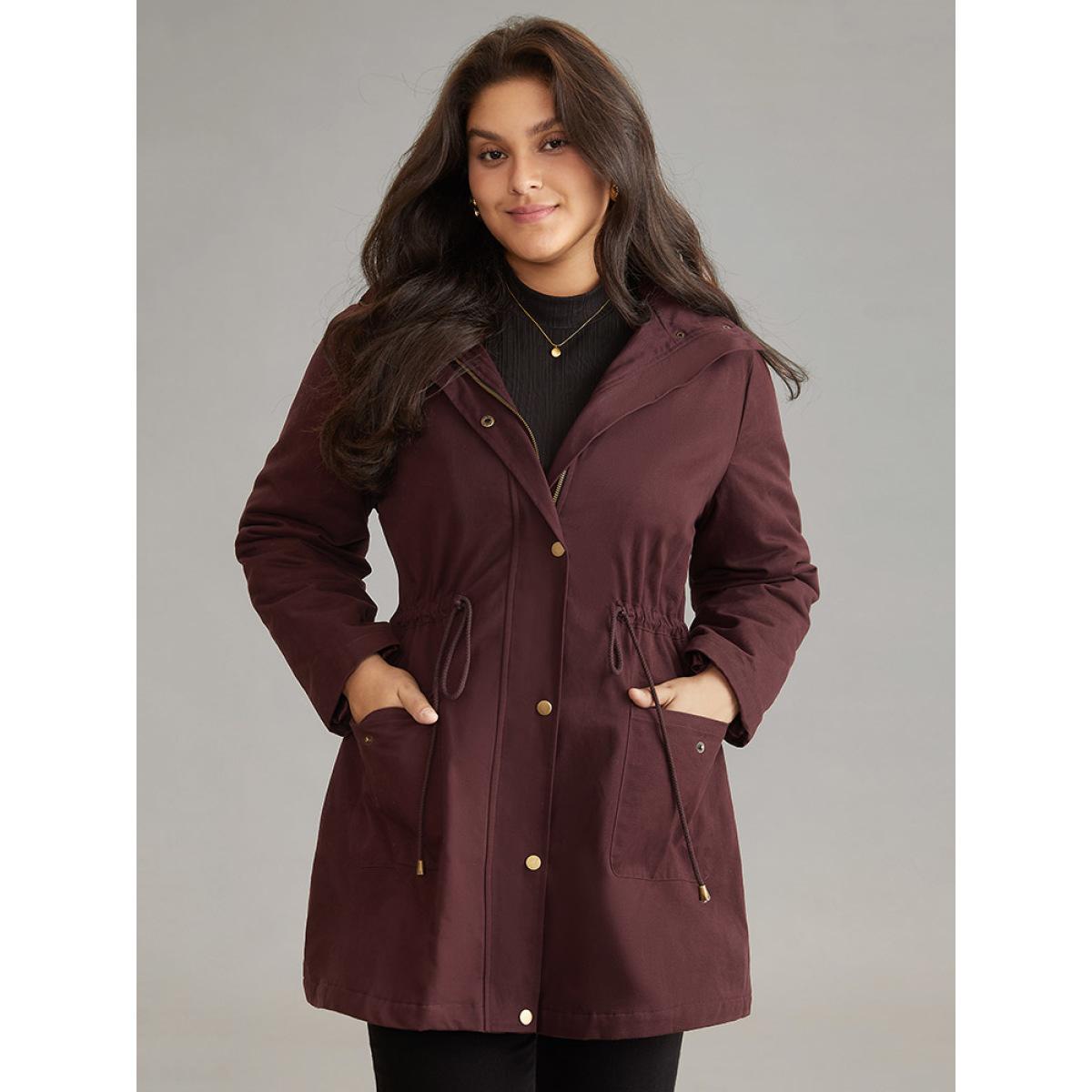 Plus Size Solid Zipper Drawstring Knot Flap Detail Coat Women Burgundy Casual Lined Ladies Dailywear Winter Coats BloomChic 26/4X Product Image