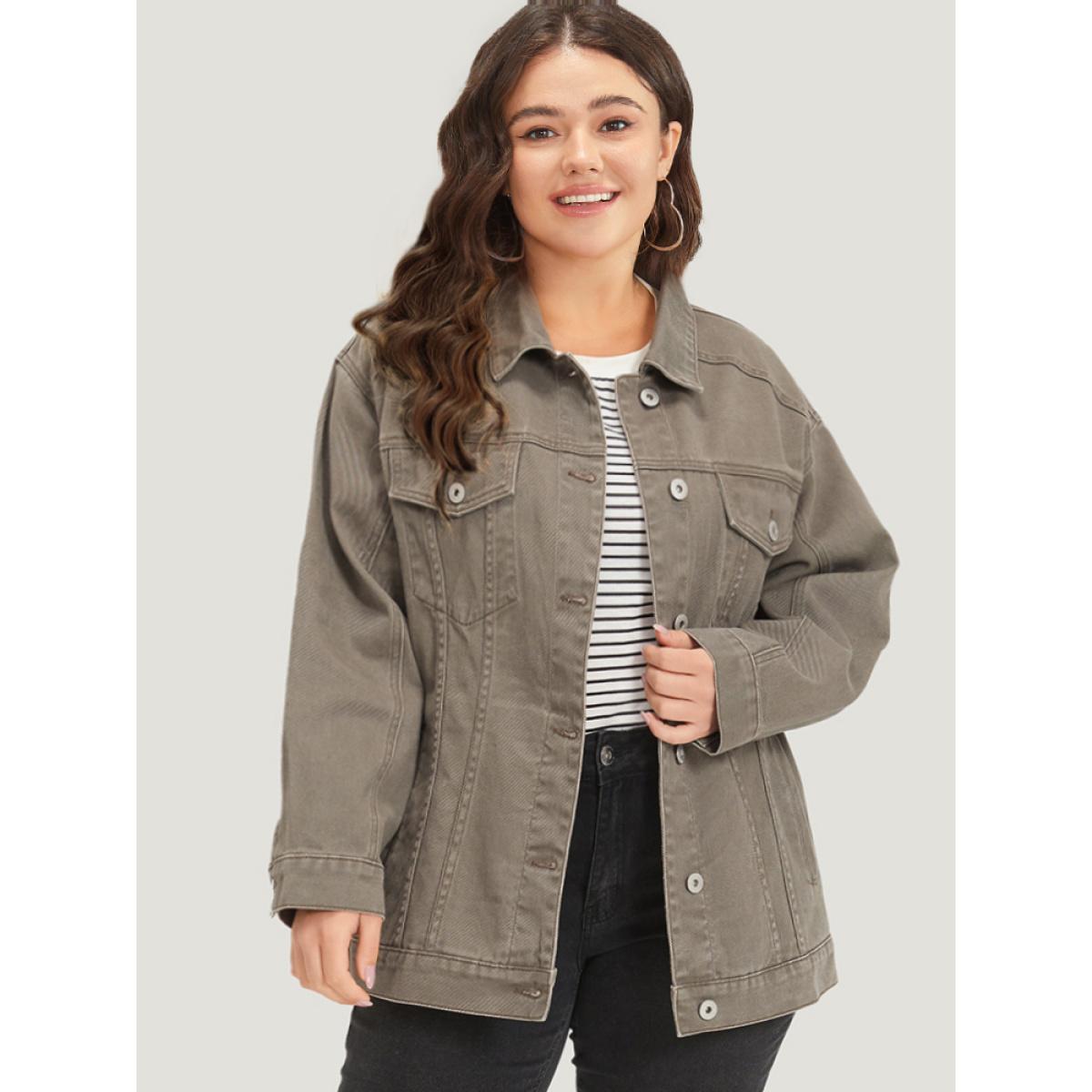 Women Solid Denim Button Fly Flap Pocket Light Wash Jacket LightBrown Plus Size Plain Button Everyday Pocket Casual Denim Jackets BloomChic 28/5X Product Image