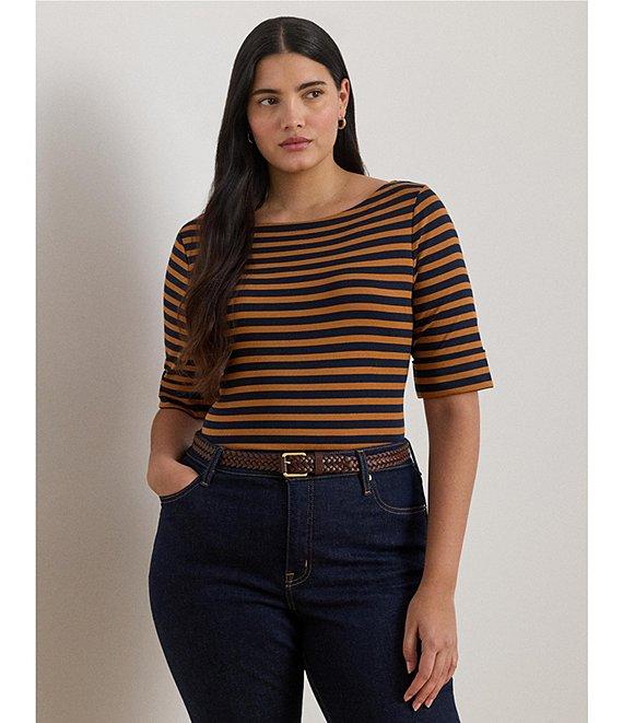 Lauren Ralph Lauren Plus Size Stretch Cotton Striped Boat Neck Elbow Sleeve Tee Product Image