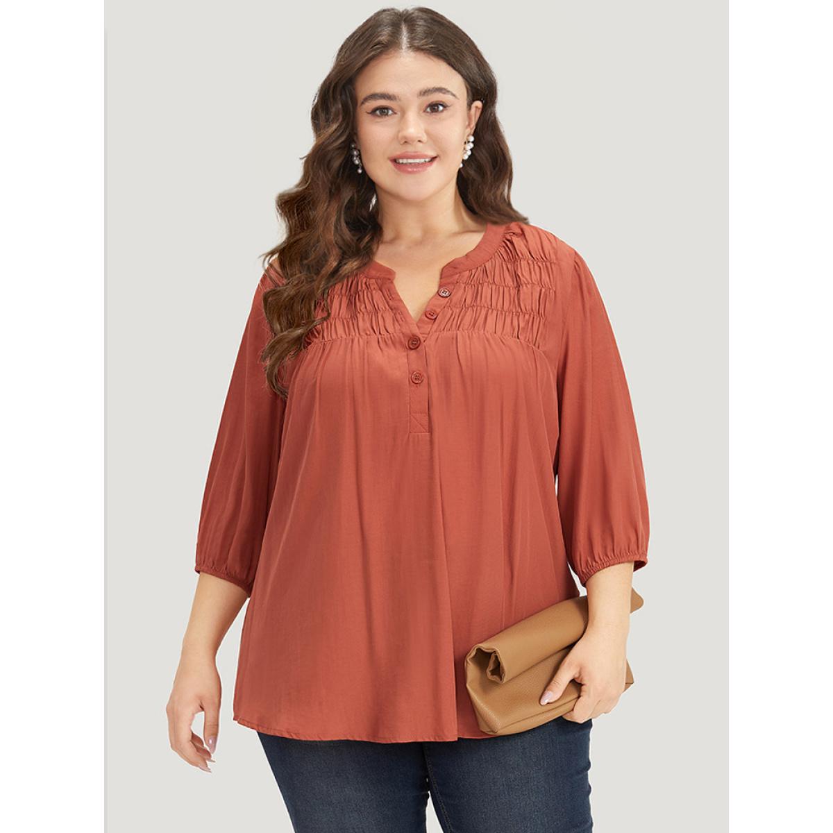 Plus Size Chocolate Plain Notched Button Through Elastic Cuffs Shirred Blouse Women Office Elbow-length sleeve V-neck Office Blouses BloomChic 14-16/1X Product Image