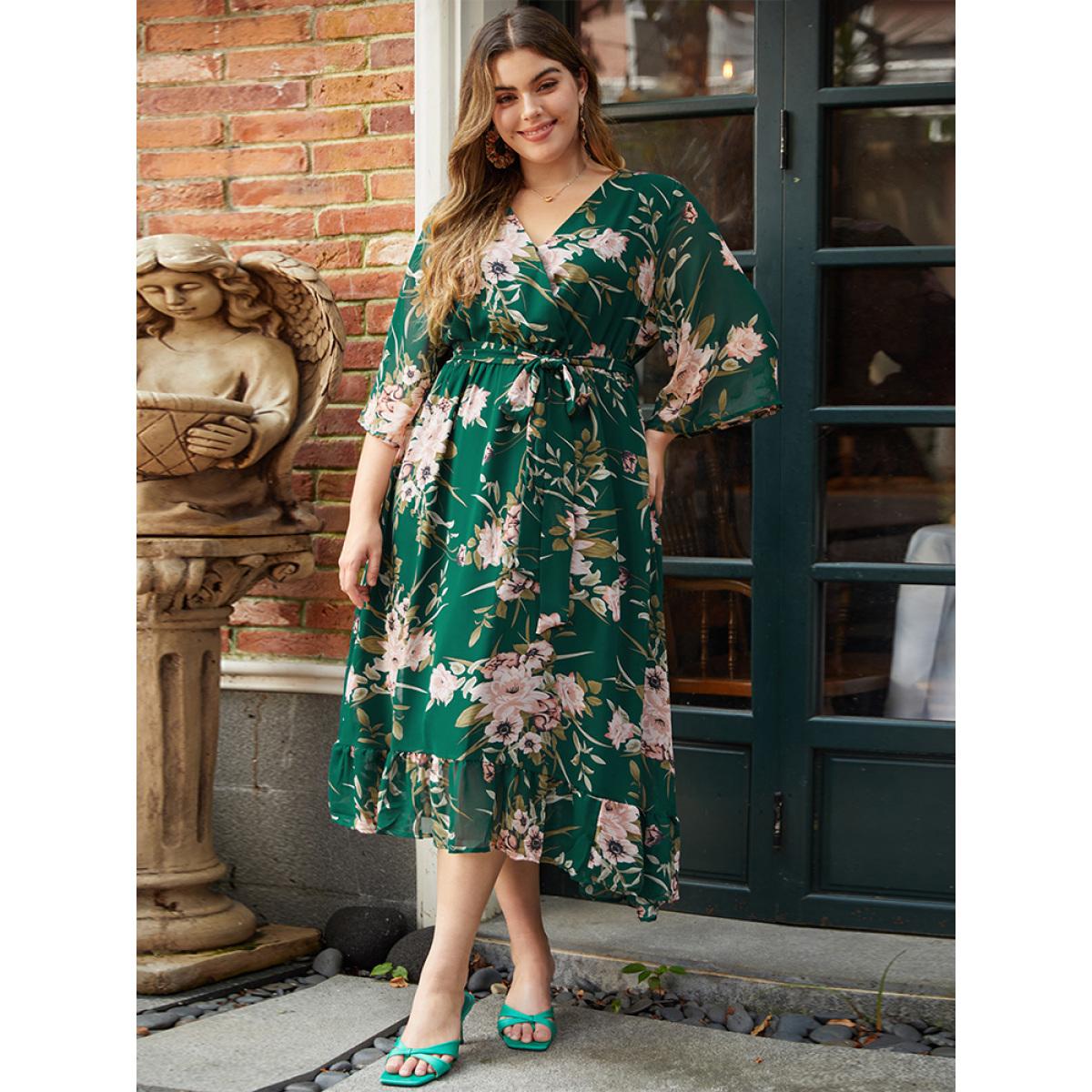 Plus Size Floral Print Surplice Neck Belted Dress DarkGreen Women Elegant Lined V-neck Elbow-length sleeve Curvy Midi Dress BloomChic 22-24/3X Product Image