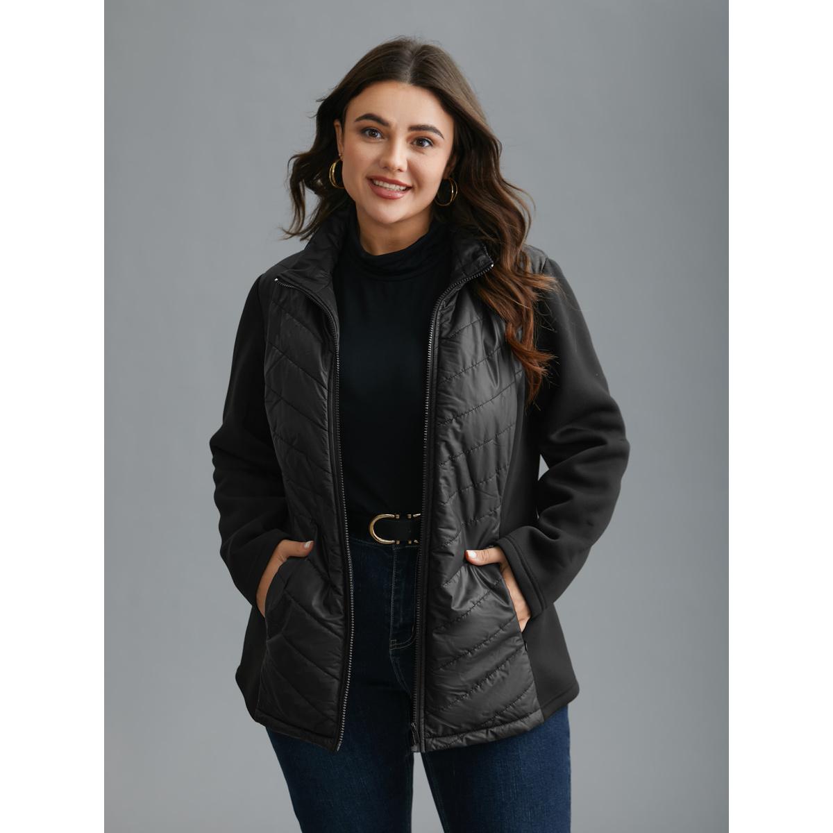 Plus Size Funnel Neck Contrasting Design Zipper Coat Women Black Casual Topstitching Ladies Everyday Winter Coats BloomChic 10/M Product Image