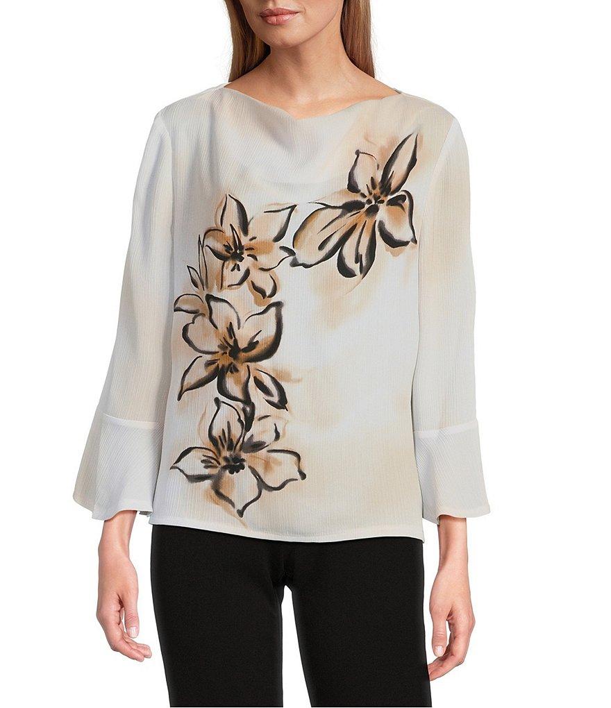 Investments Petite Size Woven Floral Graffiti 3/4 Ruffle Sleeve Cowl Neck Top Product Image