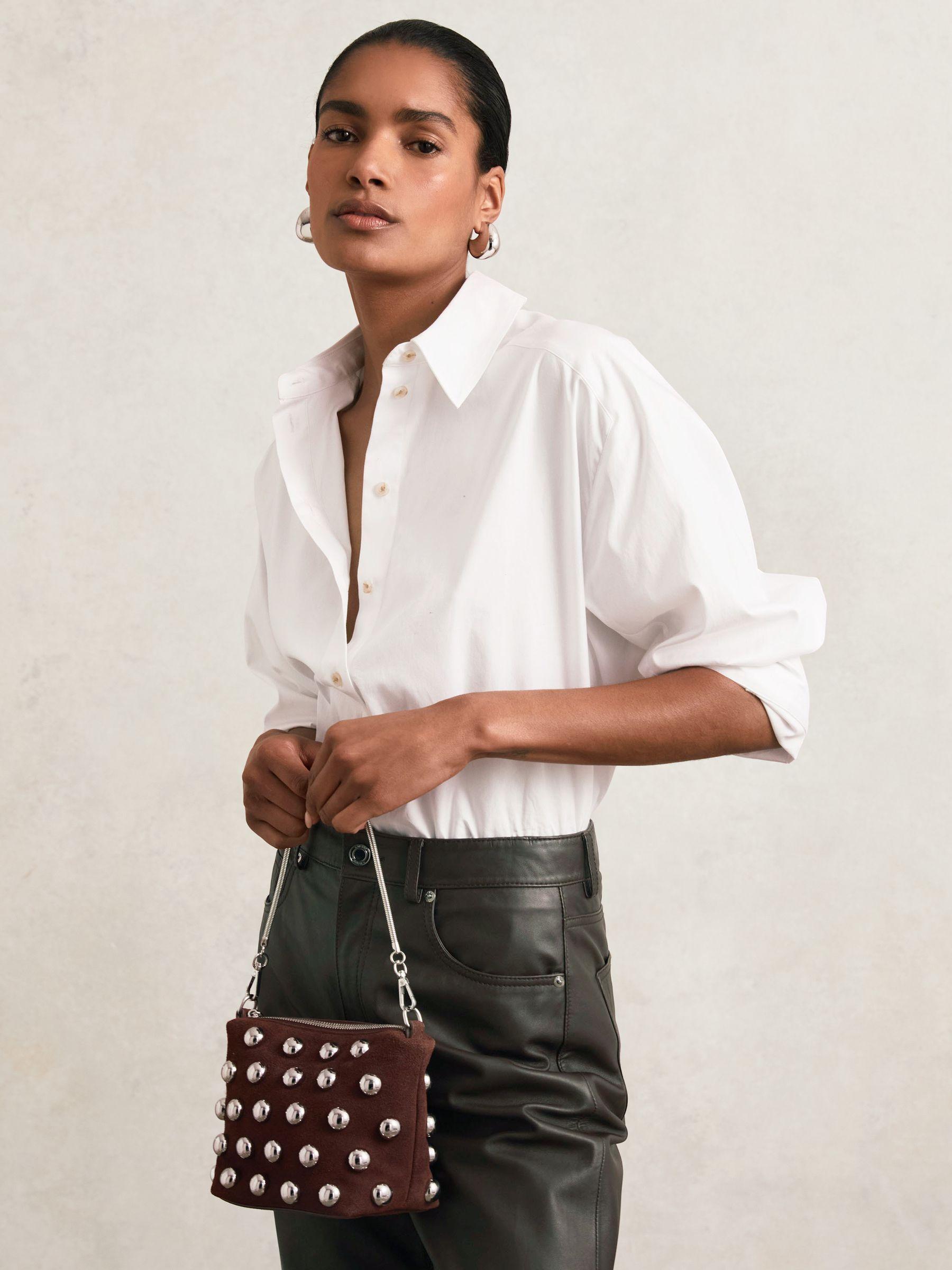 Suede Studded Shoulder Bag in Oxblood Product Image