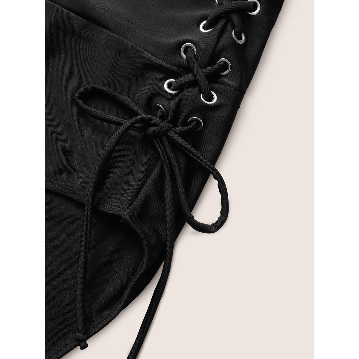 Plus Size Plain Lace Up Side Skinny Swim Bottom Women's Swimwear Black Beach Non High stretch Skinny High Rise Curve Swim Bottoms BloomChic 12/L Product Image