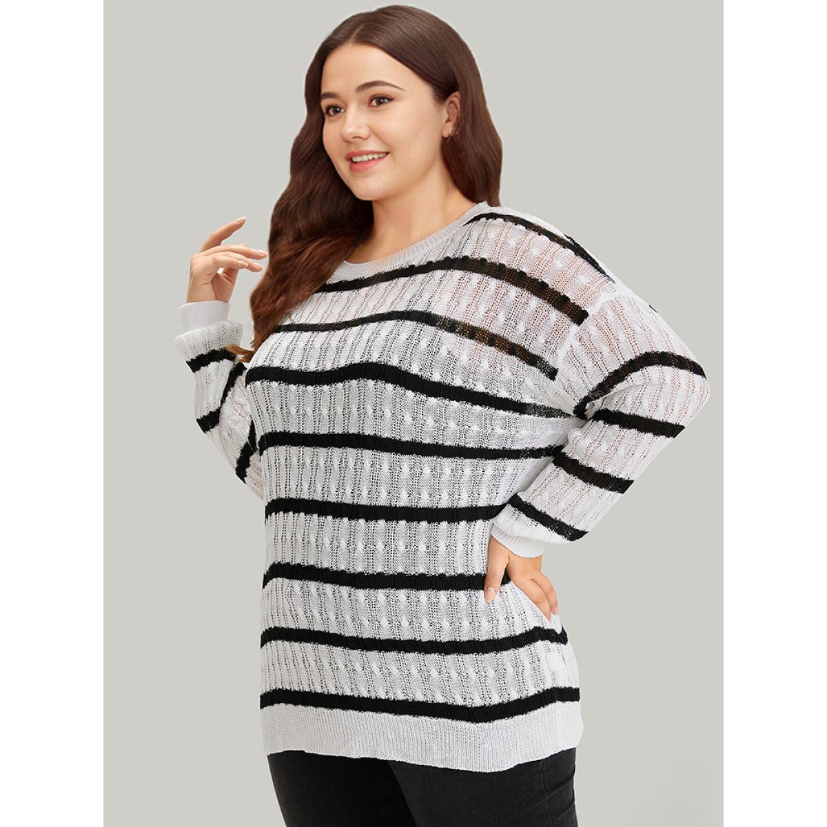 Plus Size Striped Cable Knit Drop Shoulder Pullover White Women Casual Bodycon Long Sleeve Round Neck Everyday Pullovers BloomChic 10/M Product Image