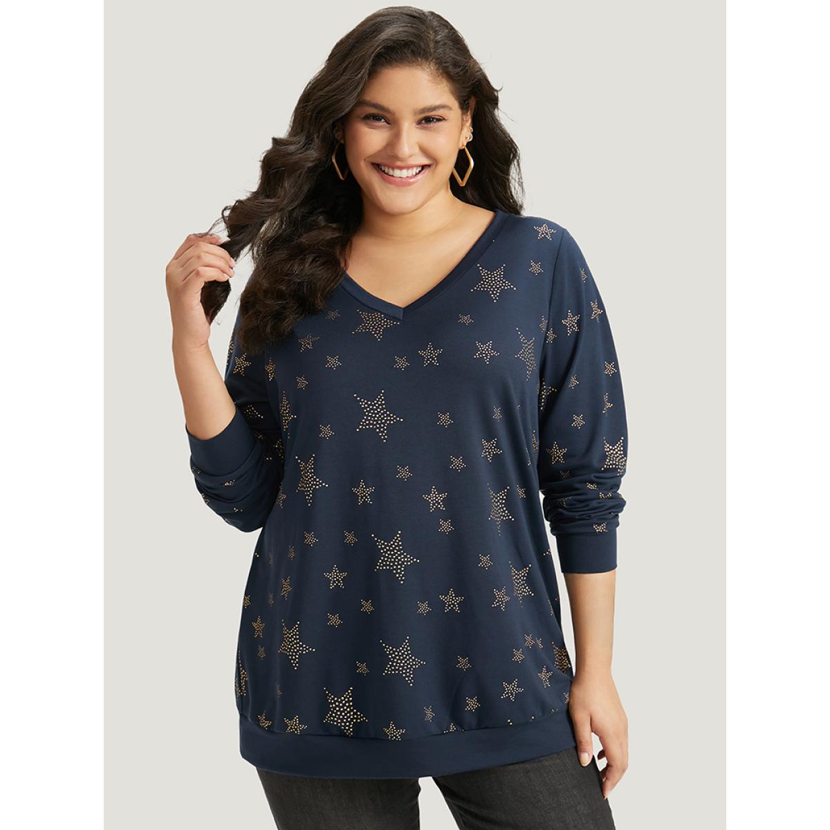Plus Size Star Glitter Print V Neck Elastic Cuffs Sweatshirt Women Indigo Casual Elastic cuffs V-neck Dailywear Sweatshirts BloomChic 12/L Product Image