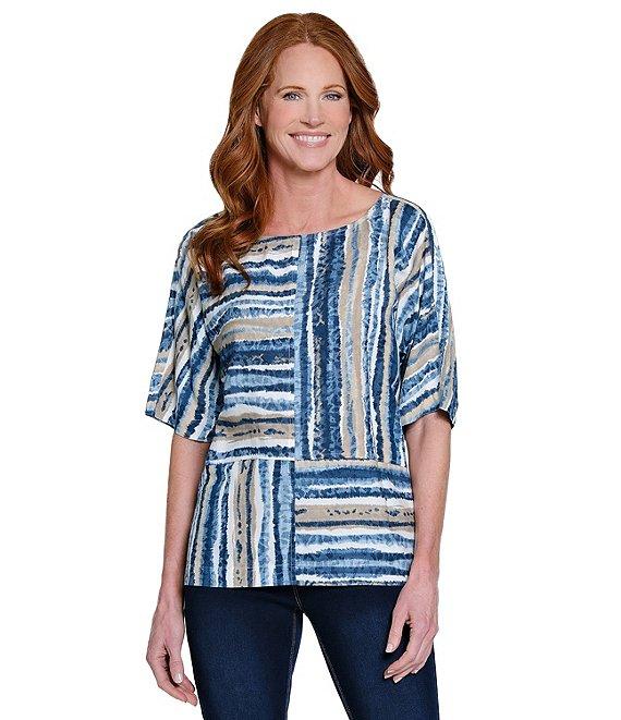 Ali Miles Petite Size Woven Linen Blend Abstract Stripe Round Neck Elbow Sleeve Sharkbite Hem Tunic Product Image