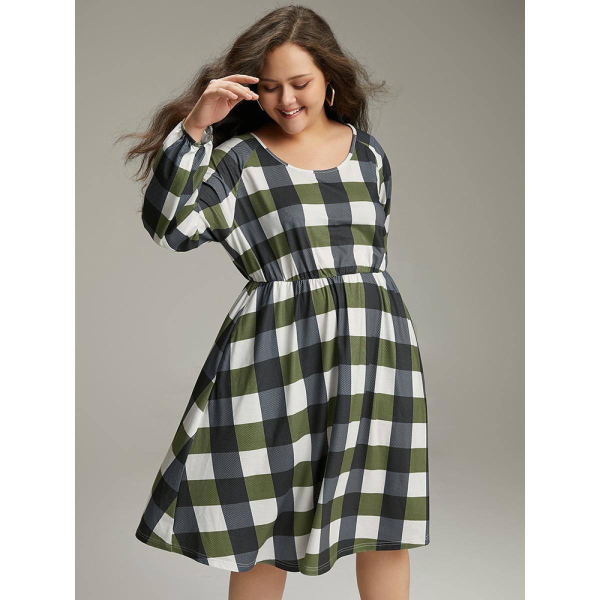 Plus Size Plaid Lantern Sleeve Ruffle Hem Dress DimGray Women Casual Elastic cuffs Scoop Neck Long Sleeve Curvy Midi Dress BloomChic 12/L Product Image