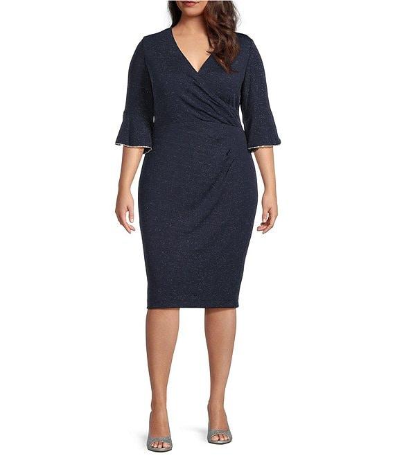 Le Bos Plus Size Glitter Knit 3/4 Bell Sleeve Faux Wrap Dress Product Image