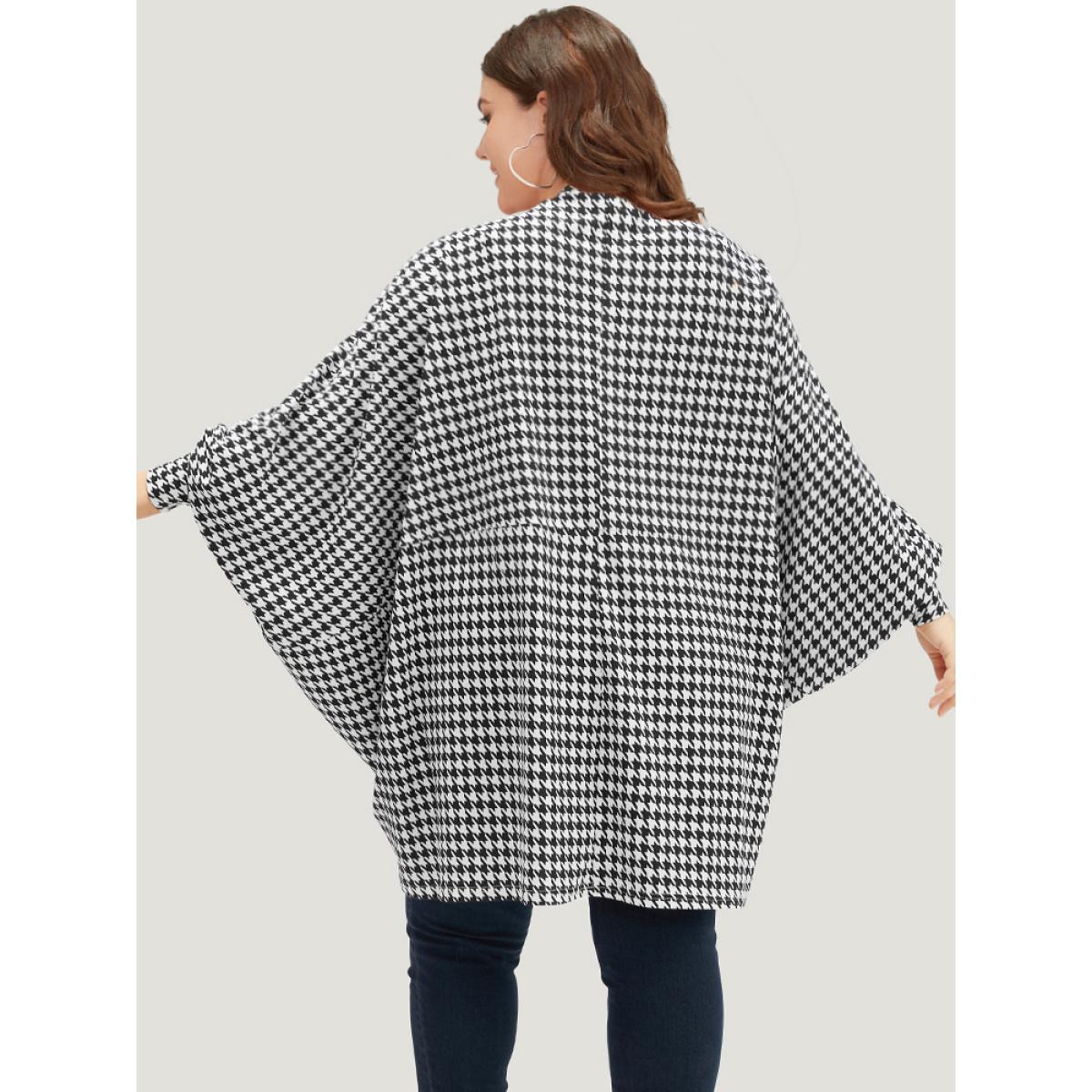 Plus Size Houndstooth Asymmetrical Hem Dolman Sleeve Kimono Women Black Casual Asymmetrical Loose Dailywear Kimonos BloomChic 22-24/3X Product Image
