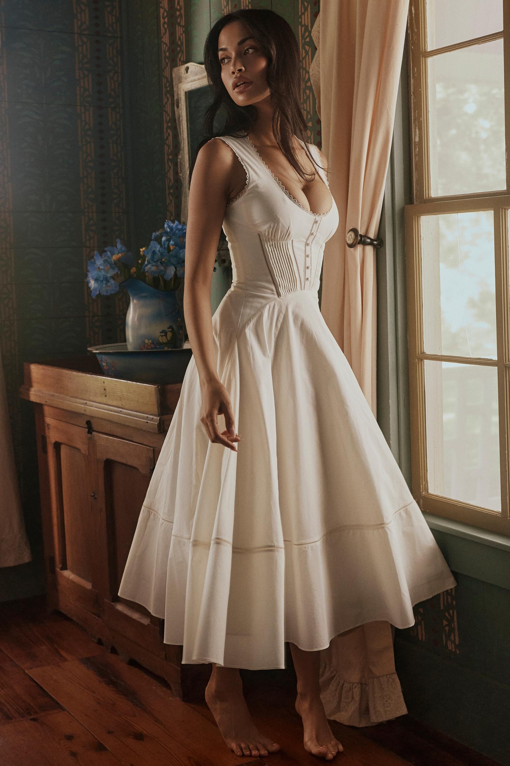 Solana  white cotton waist cinch midi sundress Product Image