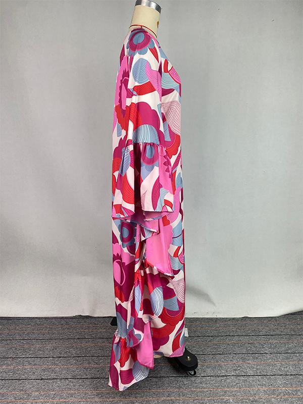 Batwing Sleeves Loose Flower Print Pleated Split-Joint Round-Neck Maxi Dresses Product Image