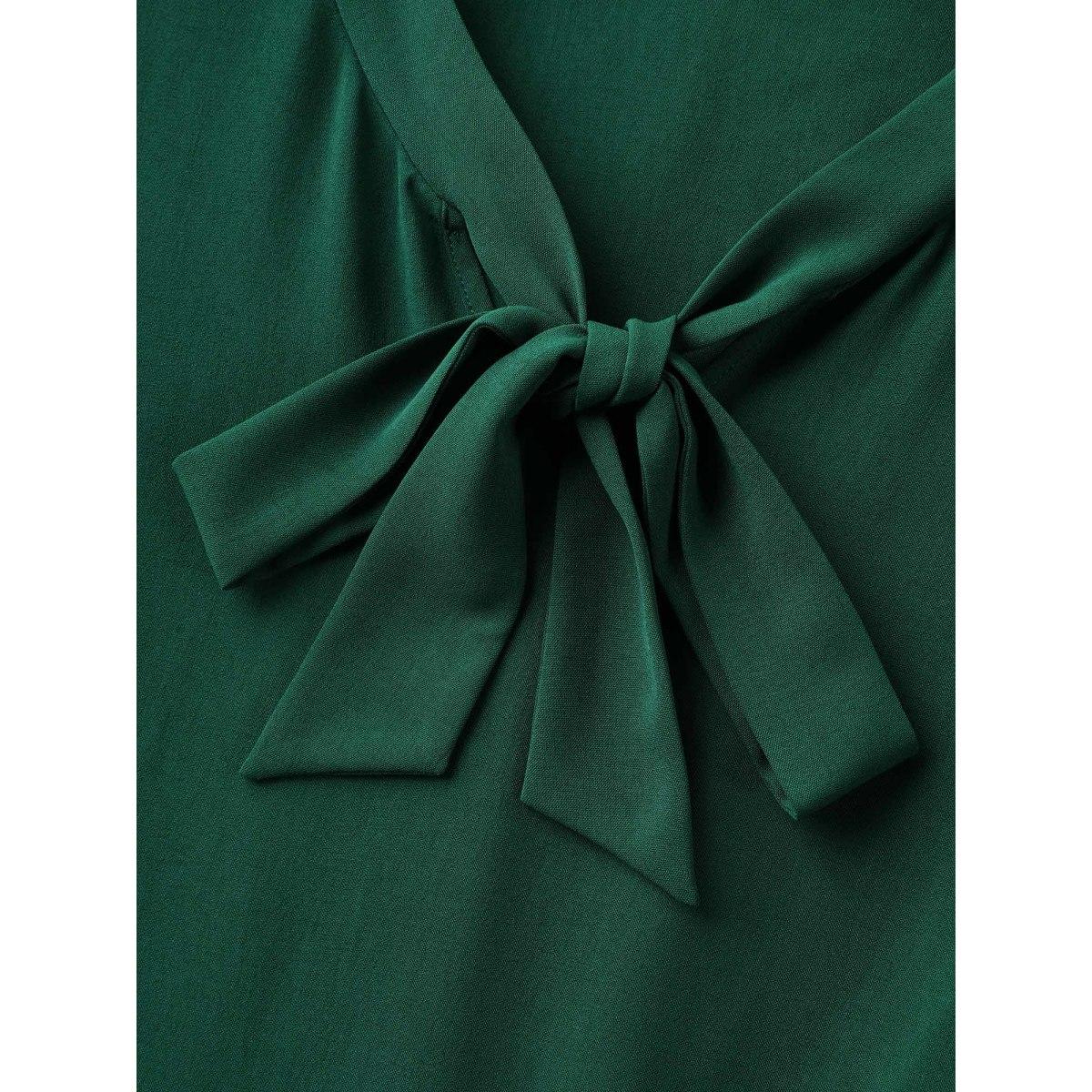 Plus Size Ribbon Neck Flared Sleeve Midi Dress DarkGreen Women Ribbon-tied collar Short sleeve Curvy BloomChic 10/M Product Image