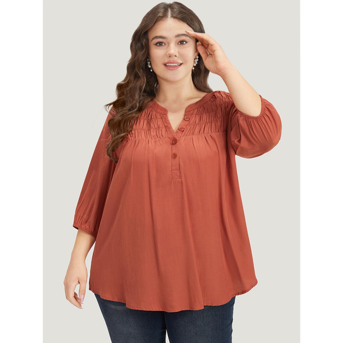 Plus Size Chocolate Plain Notched Button Through Elastic Cuffs Shirred Blouse Women Office Elbow-length sleeve V-neck Office Blouses BloomChic 14-16/1X Product Image