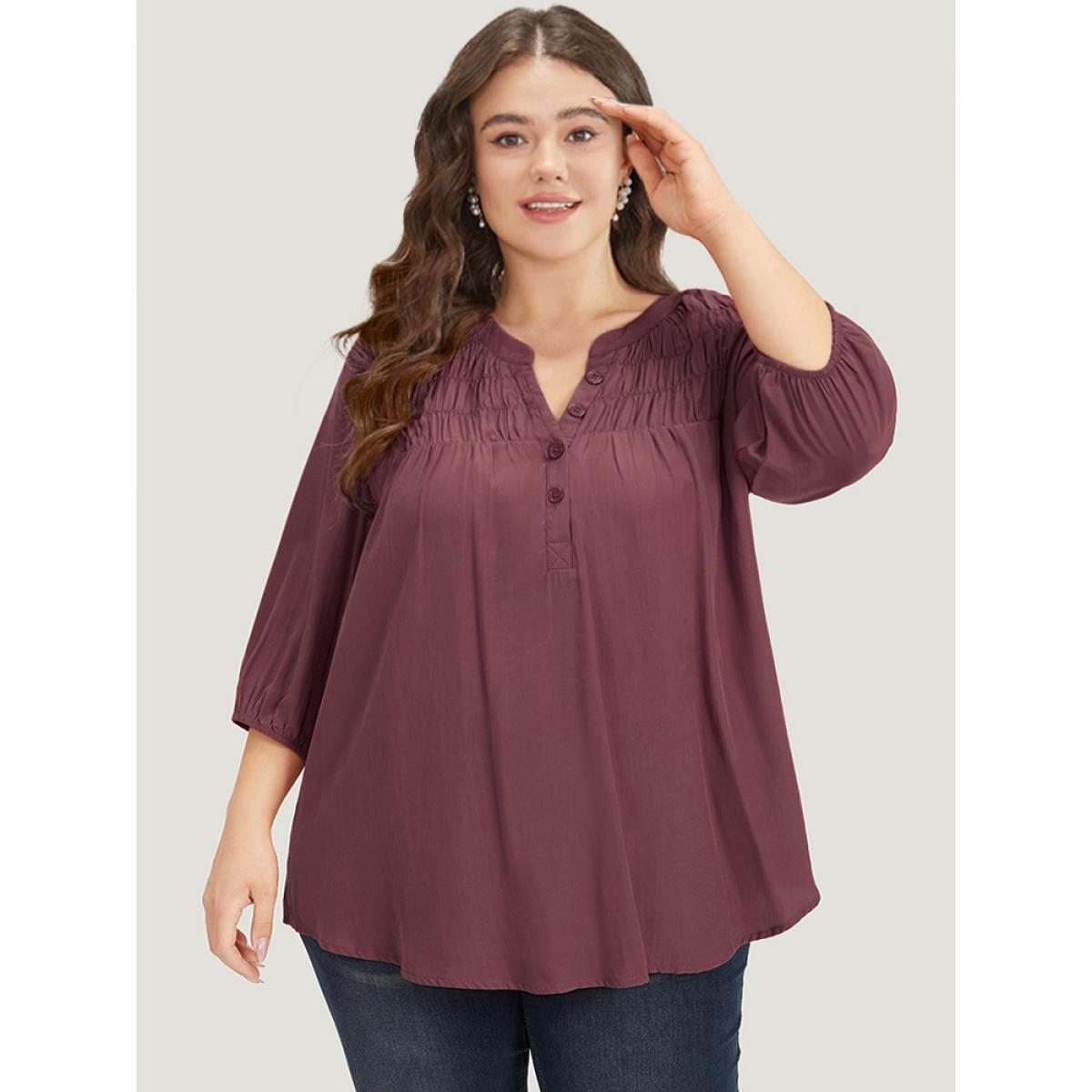 Plus Size Scarlet Plain Notched Button Through Elastic Cuffs Shirred Blouse Women Office Elbow-length sleeve V-neck Office Blouses BloomChic 30/6X Product Image