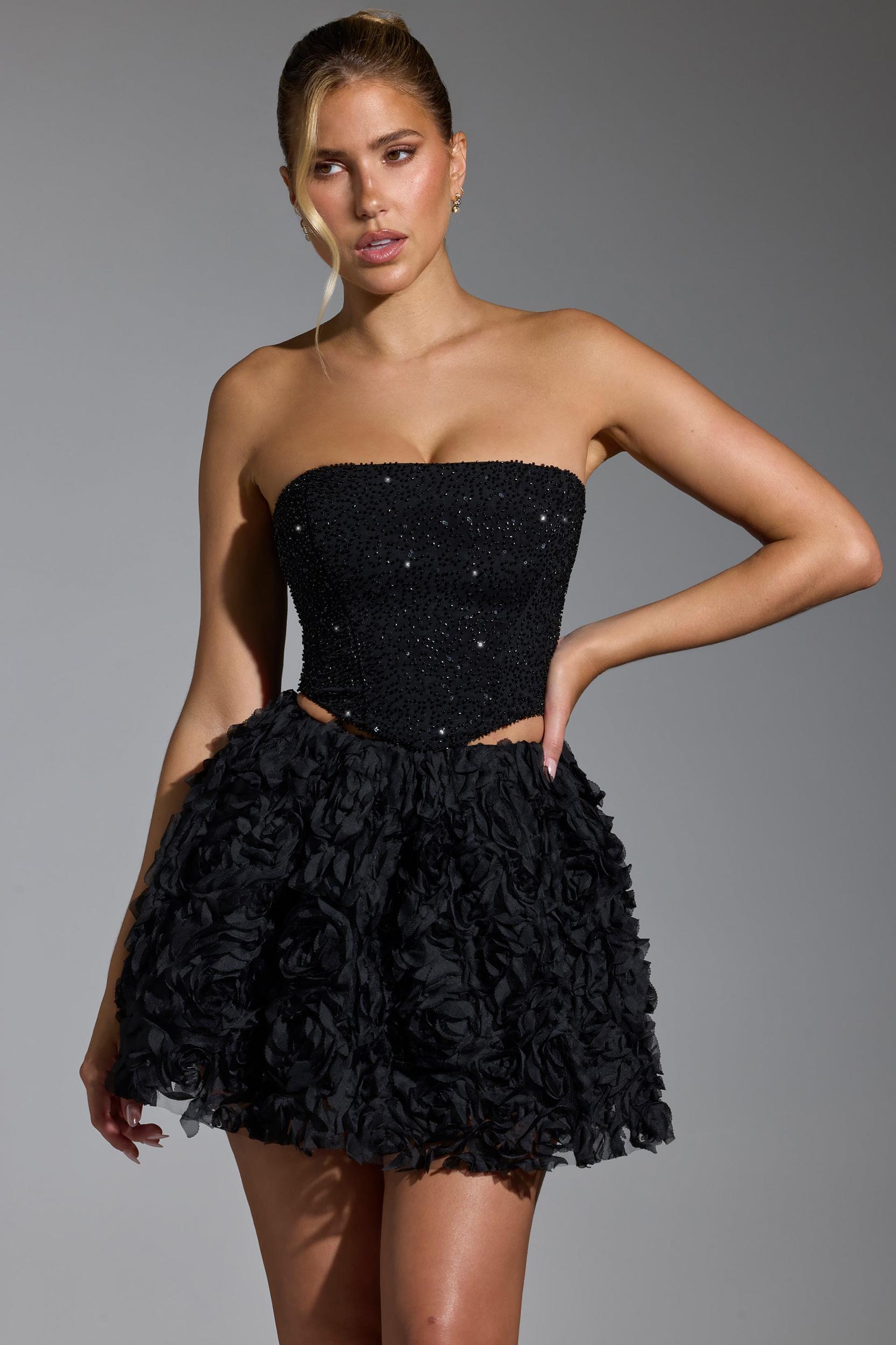 Floral-Appliqué Mini Skirt in Black Product Image