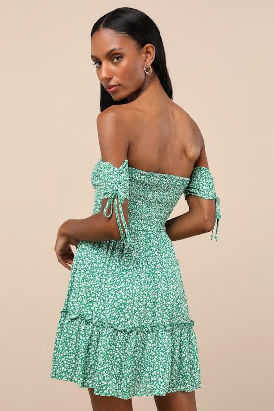 Sweetest Feelings Green Floral Off-the-Shoulder Mini Dress Product Image