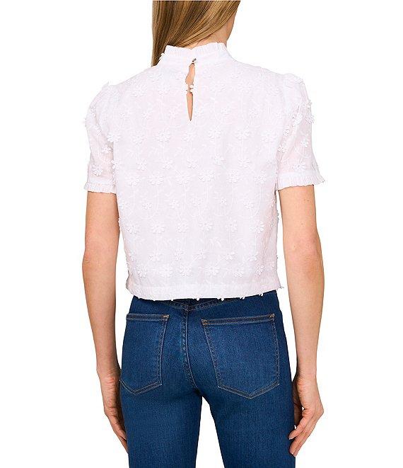 CeCe Ruffle Mock Neck Short Sleeve 3D Embroidered Flower Ruffle Top Product Image