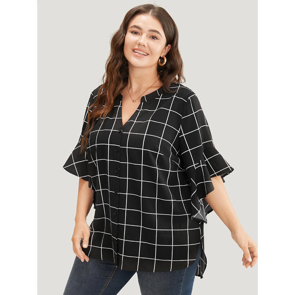 Plus Size Black Plaid Notched Button Up Ruffle Sleeve Split Hem Blouse Women Office Elbow-length sleeve Notched collar Work Blouses BloomChic 28/5X Product Image