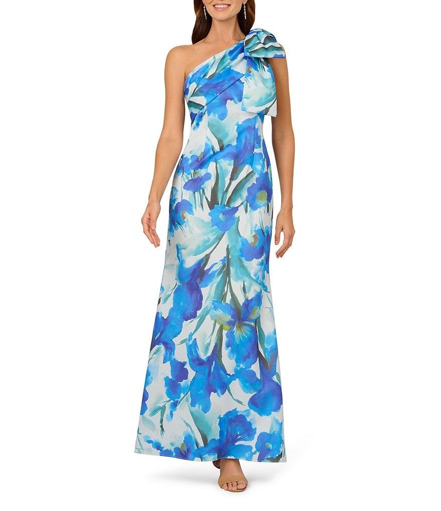 Adrianna Papell Scuba Floral Print One-Shoulder Neck Sleeveless Bow Detail Mermaid Gown Product Image