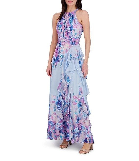 Eliza J Chiffon Floral Print Halter Neck Sleeveless Ruffle Gown Product Image