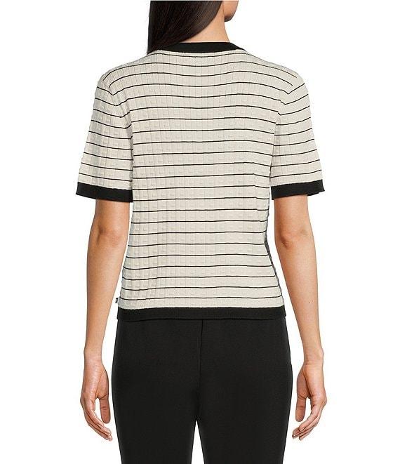 KARL LAGERFELD PARIS Knit Stripe Print Crew Neck Short Sleeve Sweater Product Image