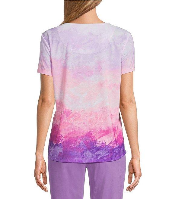 Allison Daley Petite Size Amethyst Sunset Print Short Sleeve Crew Neck Knit Top Product Image