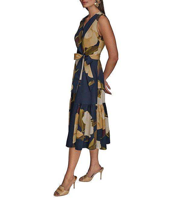Donna Karan Floral Print V-Neck A-Line Midi Dress Product Image