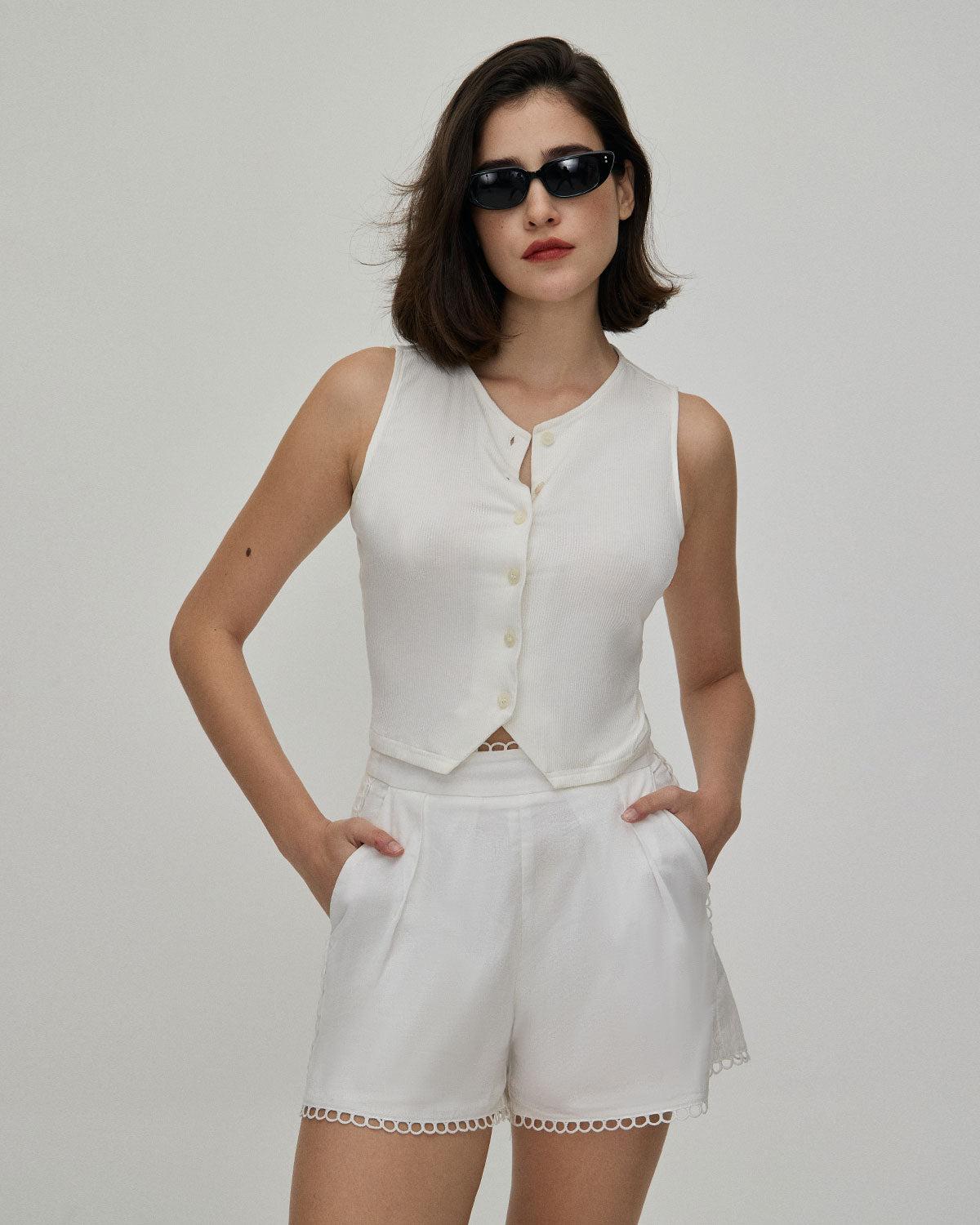 The White Lace Trim High-Waisted Shorts Product Image