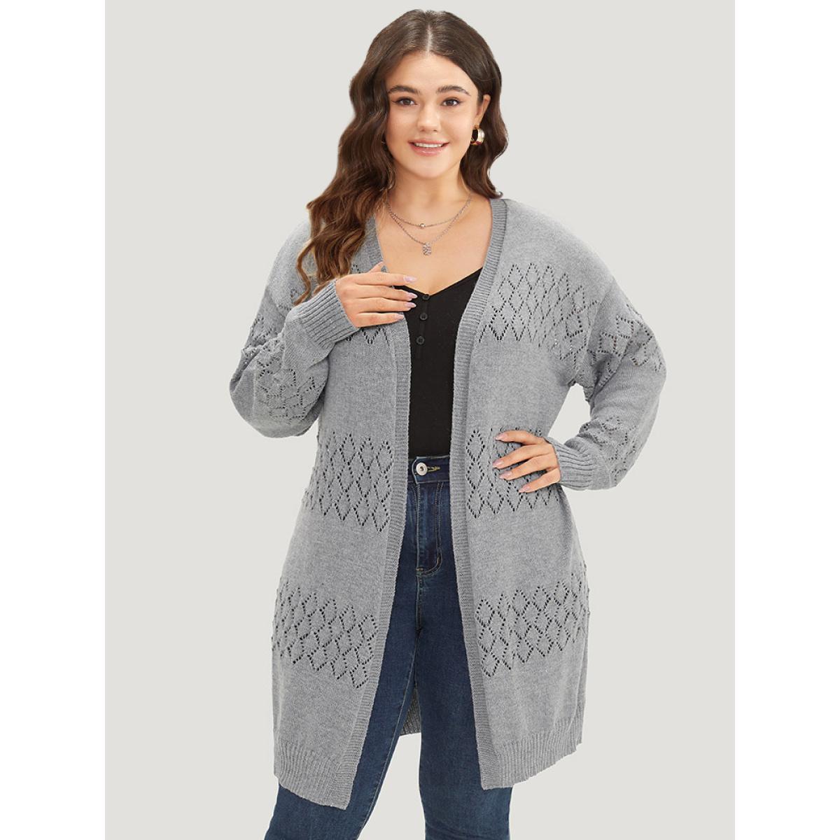 Plus Size Geometric Eyelet Elastic Cuffs Tunic Cardigan DarkGray Women Casual Loose Long Sleeve Dailywear Cardigans BloomChic 26/4X Product Image