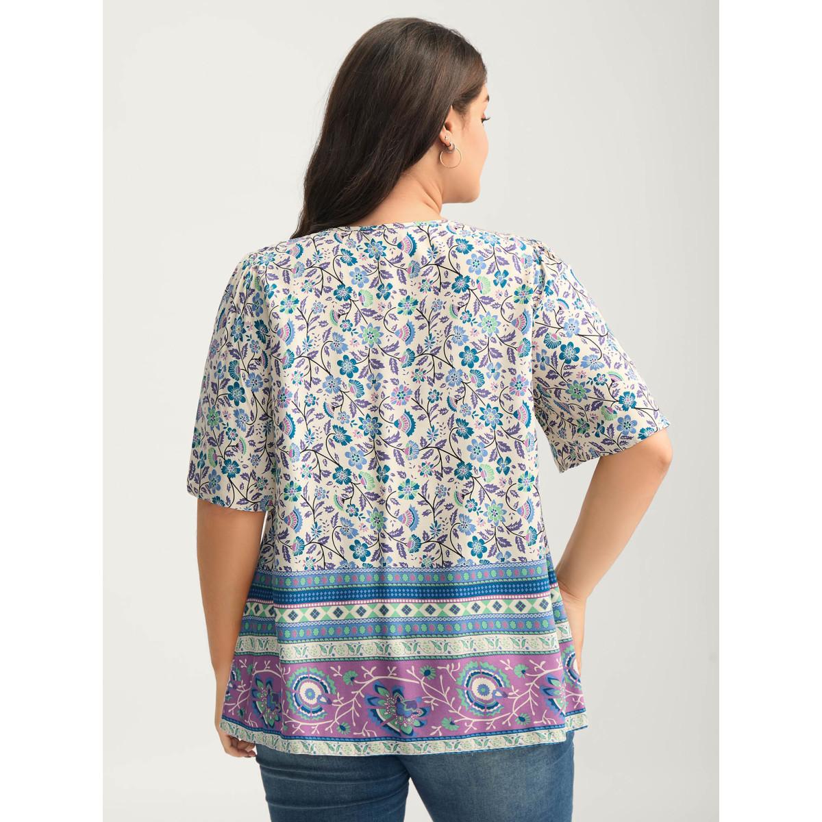 Plus Size Aegean Rayon Pleated Floral Print Blouse Women Boho Half Sleeve Round Neck Vacation Blouses BloomChic 12/L Product Image