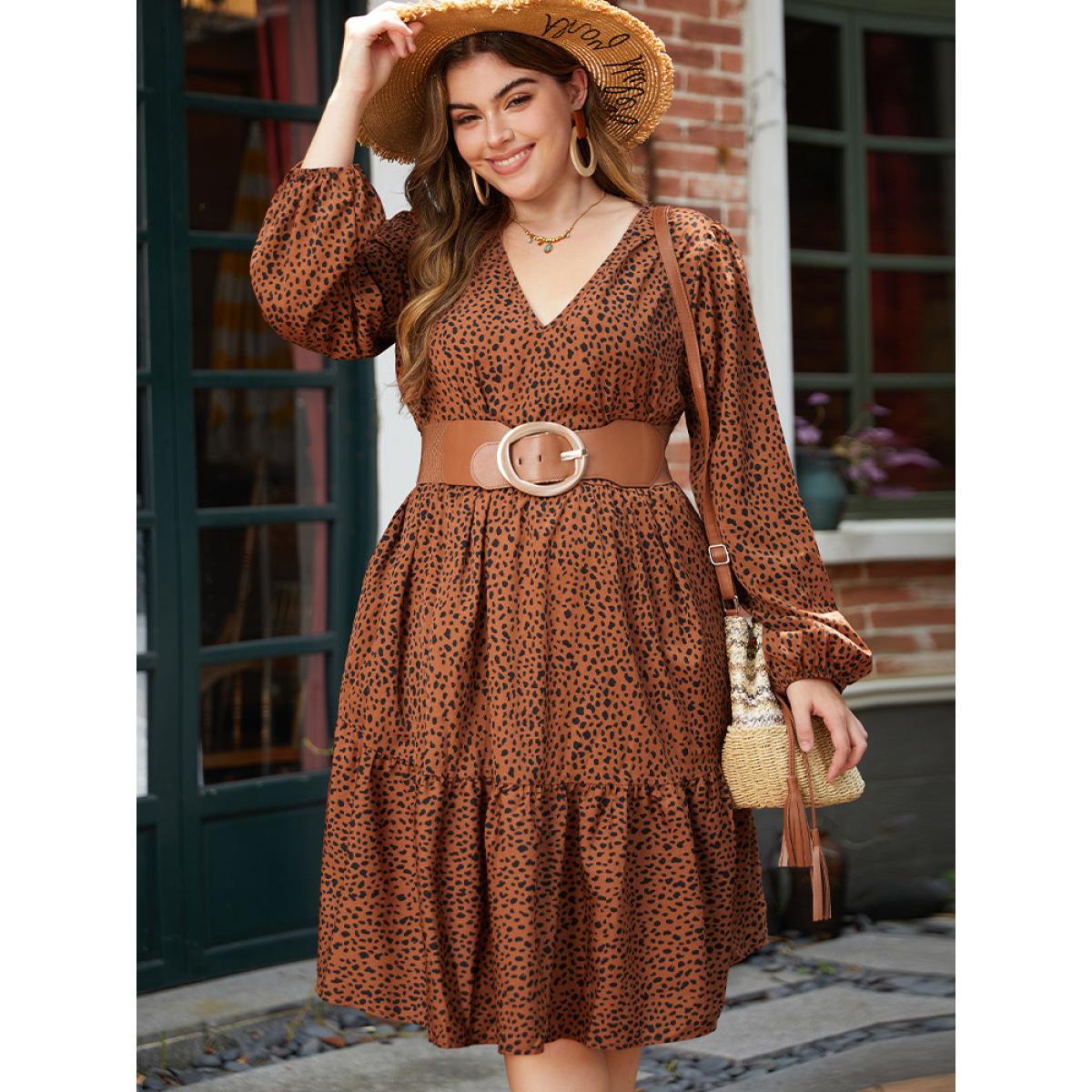 Plus Size Leopard Lantern Sleeve V Neck Pocket Dress Chocolate Women Elegant Elastic cuffs V-neck Long Sleeve Curvy Midi Dress BloomChic 26/4X Product Image