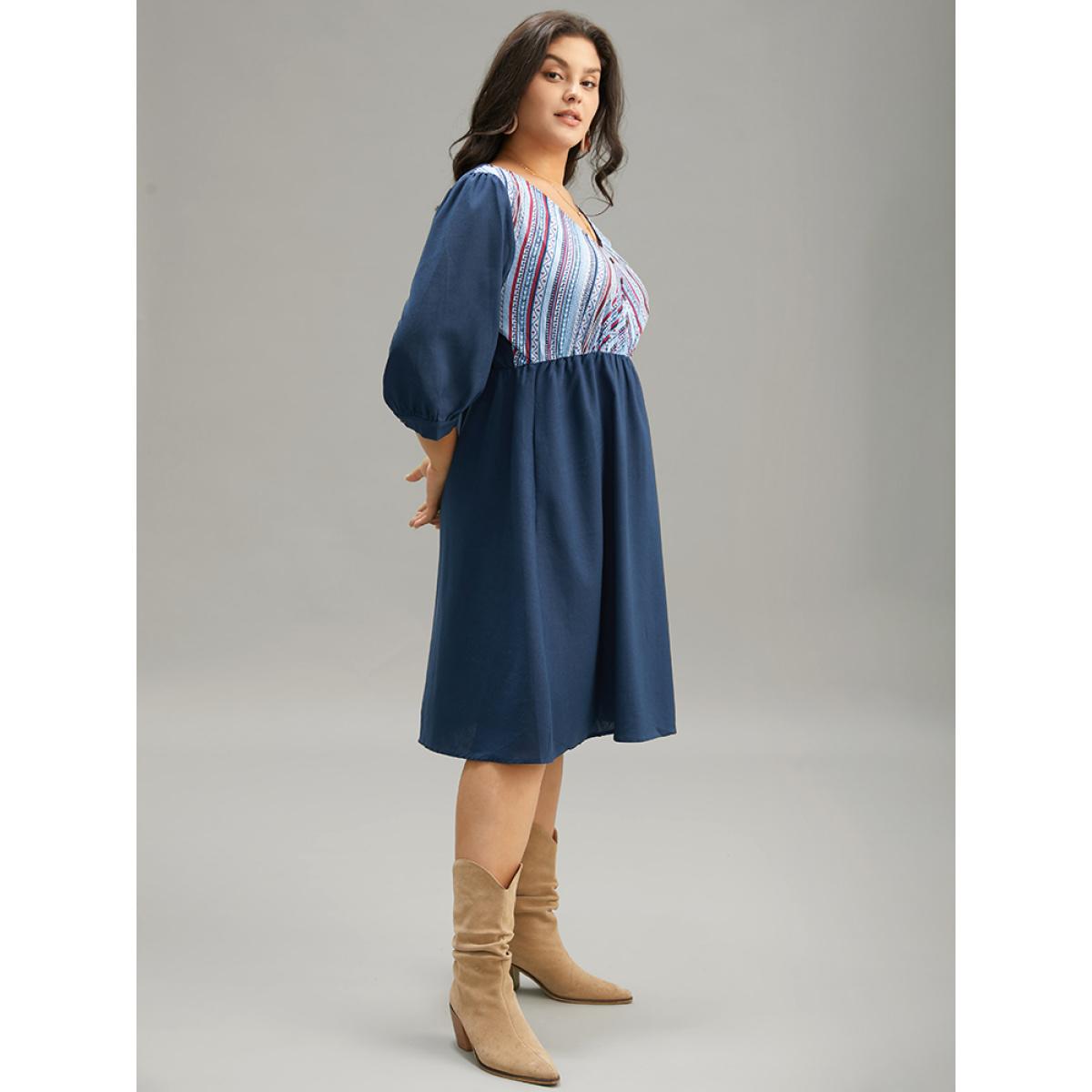 Plus Size Boho Print Striped Patchwork Lantern Sleeve Dress Indigo Women Vacation Printed V-neck Elbow-length sleeve Curvy Midi Dress BloomChic 22-24/3X Product Image