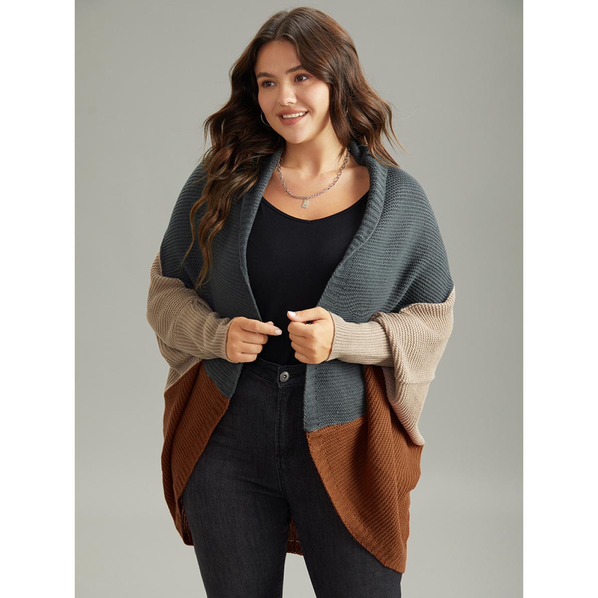 Plus Size Colorblock Batwing Sleeve Patchwork Cardigan DarkBrown Women Casual Loose Long Sleeve Everyday Cardigans BloomChic 22-24/3X Product Image