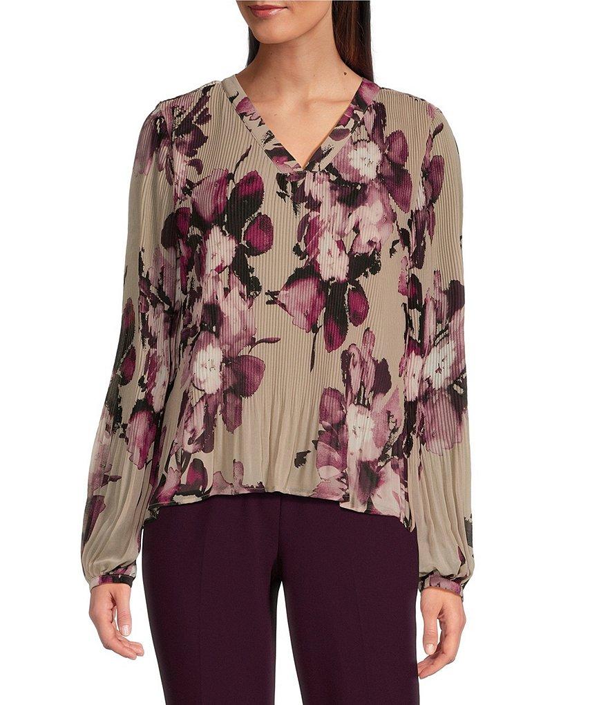 Calvin Klein Floral-Printed Chiffon Pleated V-Neck Long Sleeve Blouse Product Image