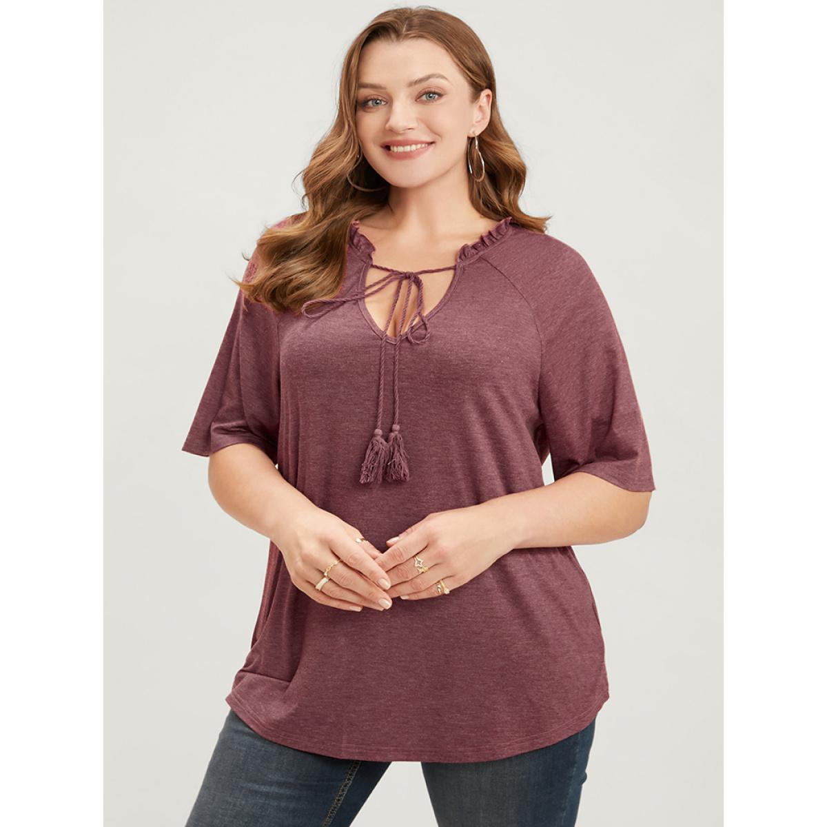 Plus Size Plain Ties Up Frill Trim Raglan Sleeve Tee Scarlet Women Casual Ruffles Plain V-neck Dailywear T-shirts BloomChic 28/5X Product Image