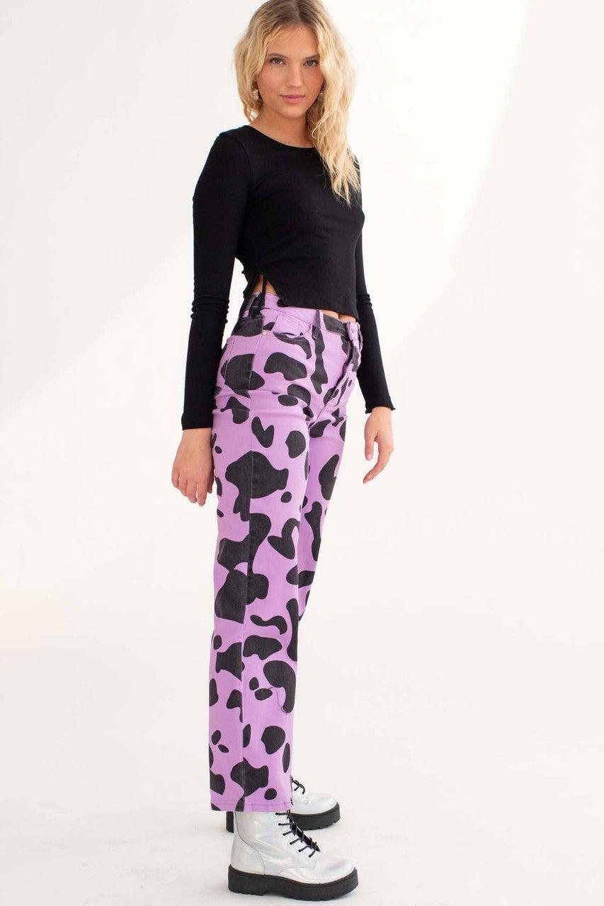 Purple Cow Print Wide Leg Jeans Product Image