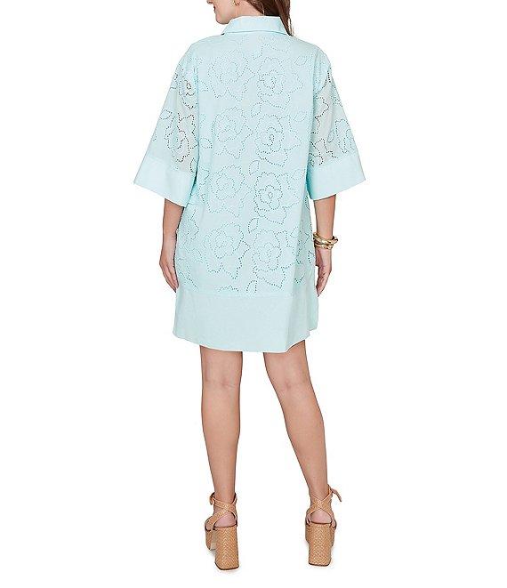 Ruby Rd. Collared Neck 3/4 Sleeve Floral Eyelet Shift Dress Product Image