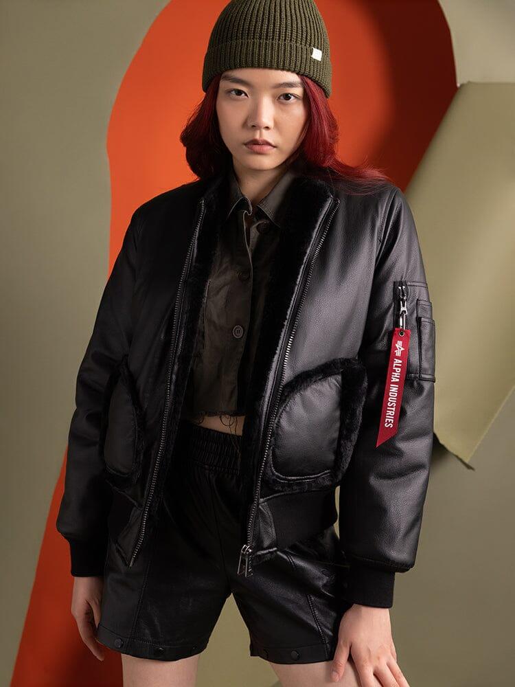 WOMEN'S REVERSIBLE FAUX LEATHER MA-1 BOMBER JACKET Product Image