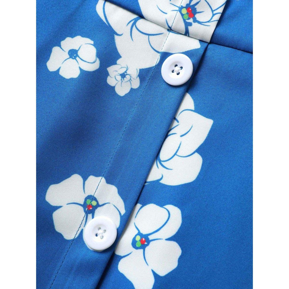 Plus Size Square Neck Natural Flowers Ruffle Sleeve Dress Blue Women Elegant Button Square Neck Short sleeve Curvy BloomChic 14-16/1X Product Image