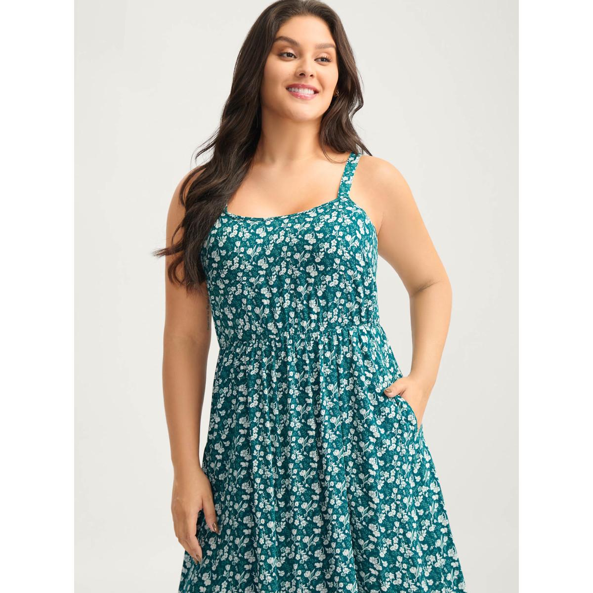 Plus Size Rayon Ditsy Floral Print Pockets Midi Dress Teal Women Square Neck Sleeveless Curvy BloomChic 22-24/3X Product Image