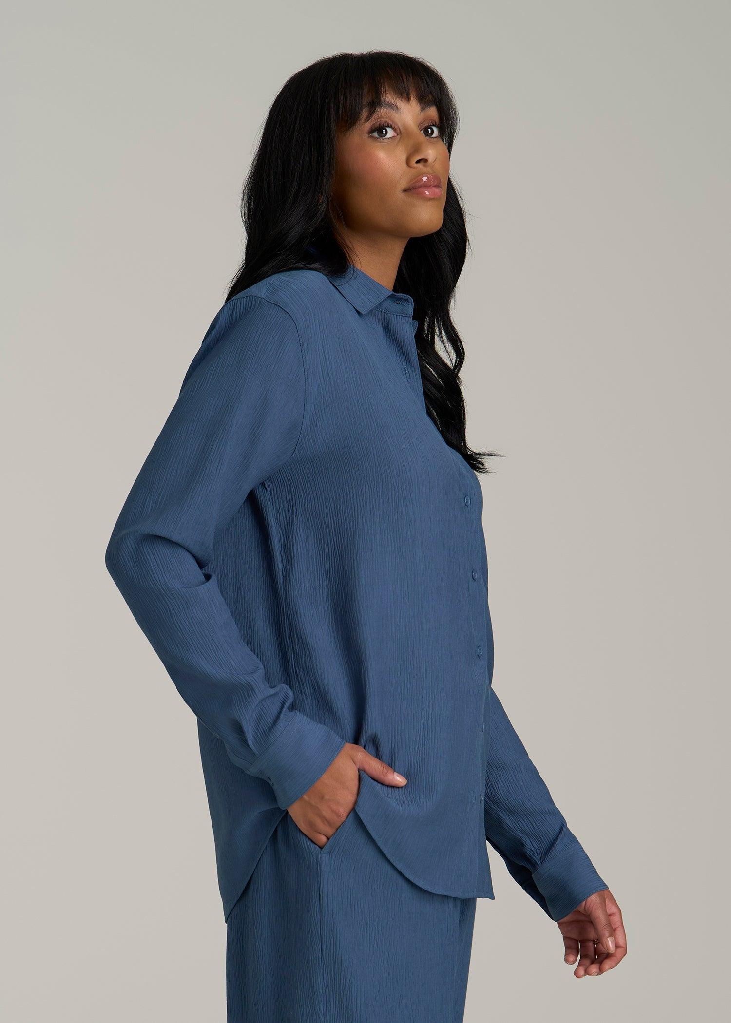 Long Sleeve Crinkle Blouse for Tall Women in Flag Blue Female Product Image