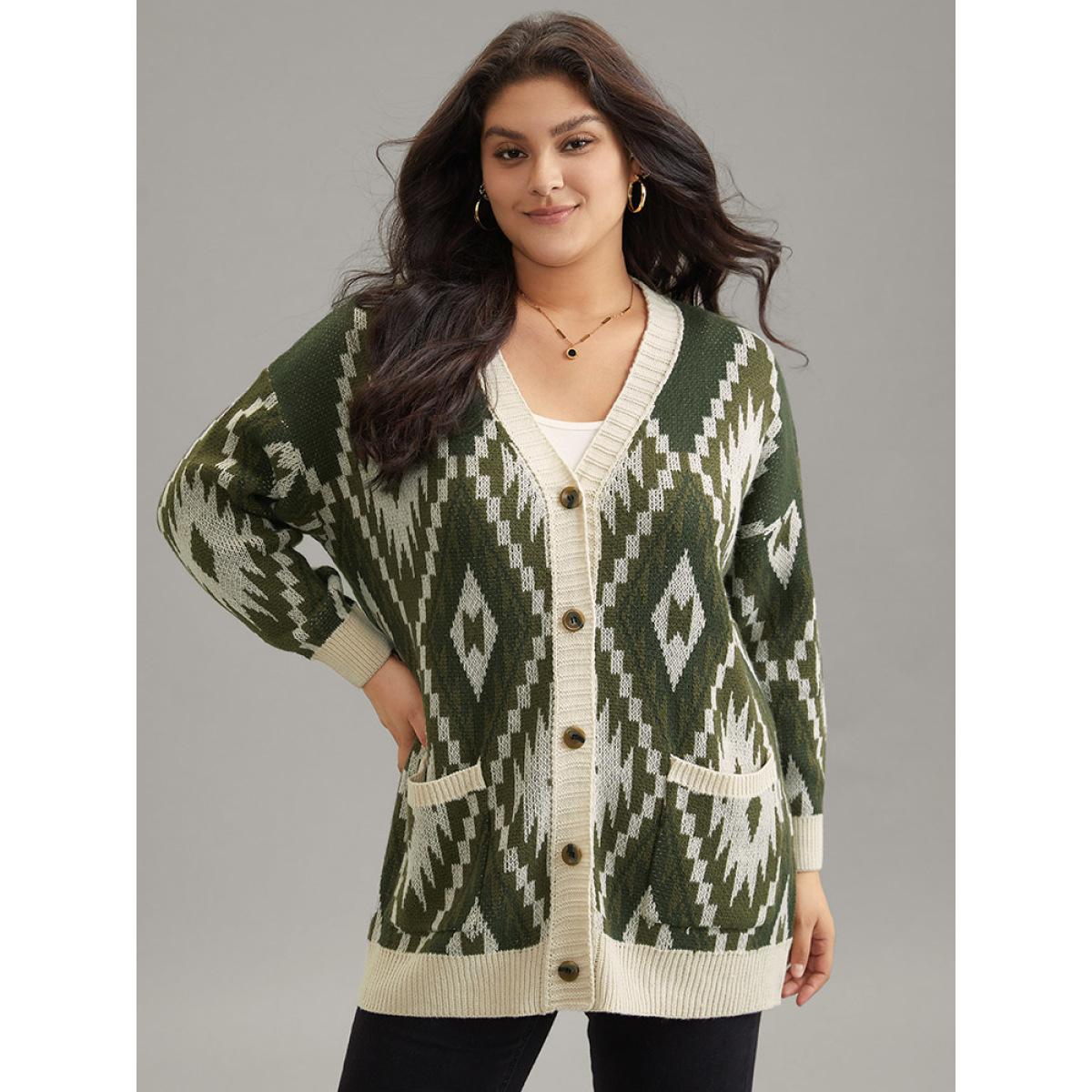 Plus Size Bandana Jacquard Button Through Patched Pocket Cardigan ArmyGreen Women Casual Loose Long Sleeve Dailywear Cardigans BloomChic 30/6X Product Image