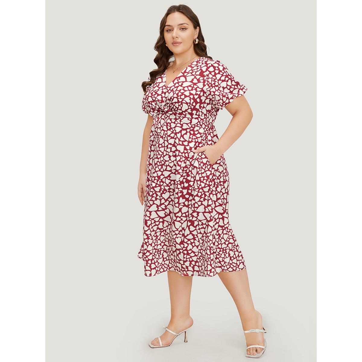 Plus Size Heart Print V Neck Crossover Pocket Dresse Red Women Elegant Slit V-neck Short sleeve Curvy Midi Dress BloomChic 18-20/2X Product Image