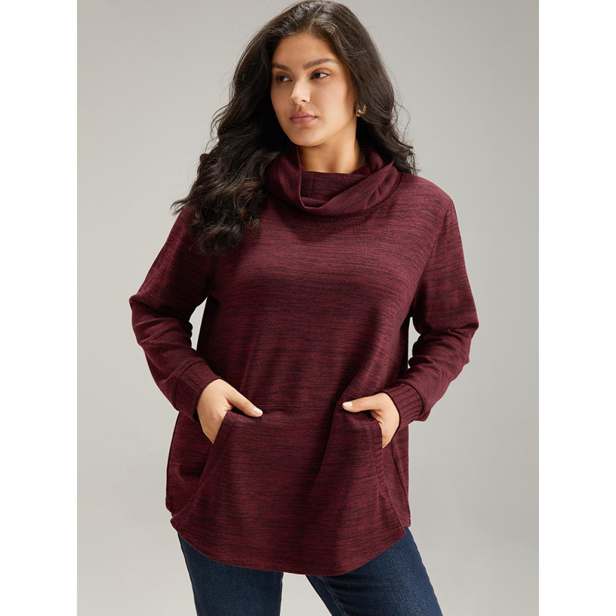 Plus Size Plain Turtleneck Pocket Heather Sweatshirt Women Burgundy Elegant Plain Turtleneck Dailywear Sweatshirts BloomChic 18-20/2X Product Image